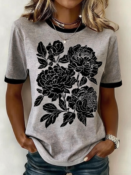 Women Floral Short Sleeve Tee T-shirt Crew Neck Vintage Summer Top