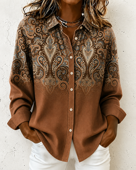 Women Nationality/ethnic Shirt Collar Long Sleeve Shirt Printing Vintage Daily Spring/Fall Top