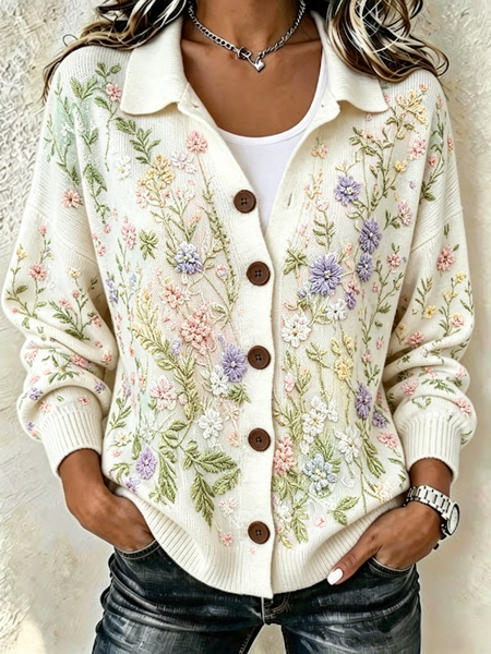 Women 3D Printing Long Sleeve Shirt Collar Vintage Spring/Fall Cardigan Outerwear