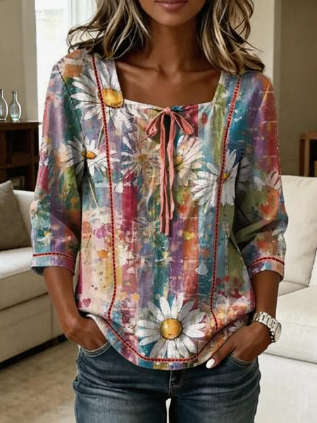 Women Floral Square Neck Half Sleeve Blouse Vintage Daily Summer Top