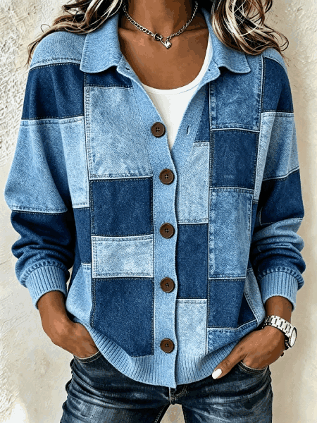 Women Multicolor Block Long Sleeve Shirt Collar Vintage Spring/Fall Cardigan Outerwear