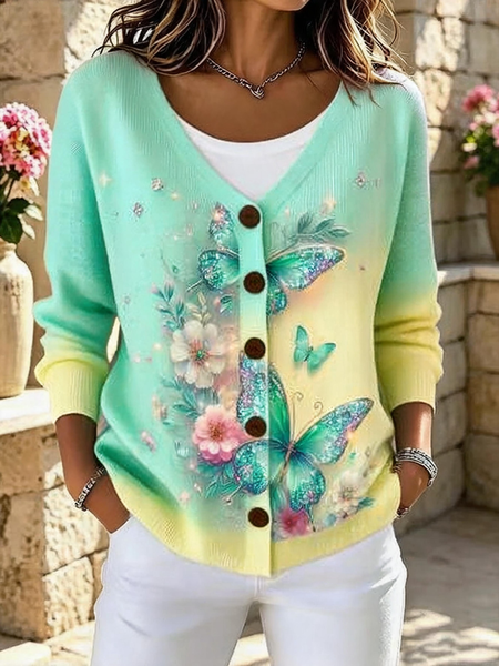 Women Floral Long Sleeve V Neck Vintage Spring/Fall Cardigan Outerwear