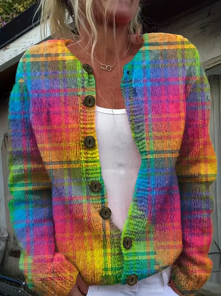 Women Geometric Long Sleeve Crew Neck Vintage Spring/Fall Cardigan Outerwear