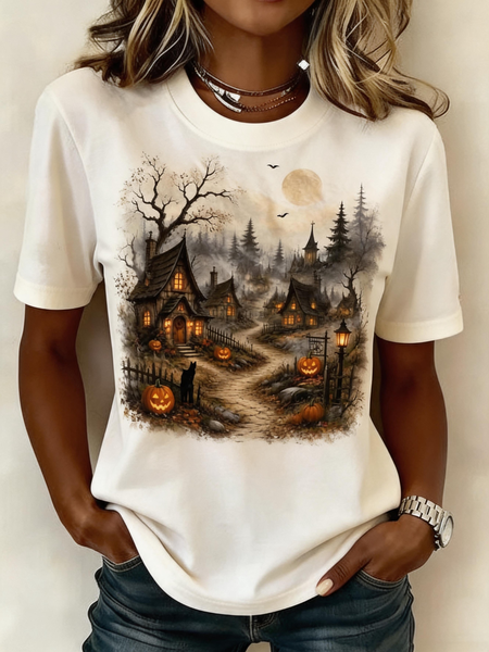 Women Halloween Short Sleeve Tee T-shirt Crew Neck Casual Summer Top