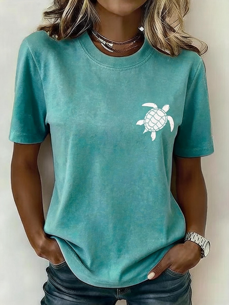 Women Turtle Short Sleeve Tee T-shirt Crew Neck Casual Summer Top