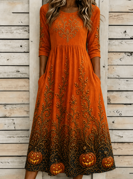 Women Halloween Half Sleeve Crew Neck Dress Holiday Vintage Maxi A-Line Summer Dress