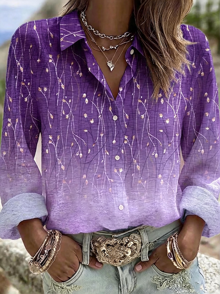 Women Ombre Shirt Collar Long Sleeve Shirt Vintage Daily Spring/Fall Top