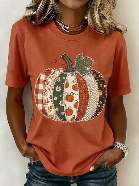 Women Halloween (pumpkin) Short Sleeve Tee T-shirt Crew Neck Vintage Summer Top
