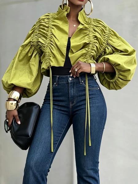 Urban Gathered Solid Lotus Leaf Collar Loose Long Sleeve Kimono 1 Urban Gathered Solid Lotus Leaf Collar Loose Long Sleeve Kimono