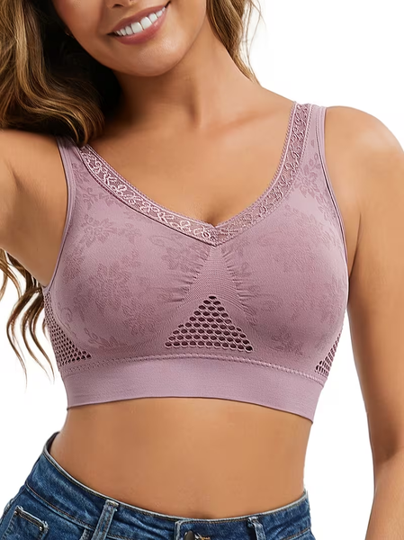 Breathable wire-free hollow floral thin sports bra