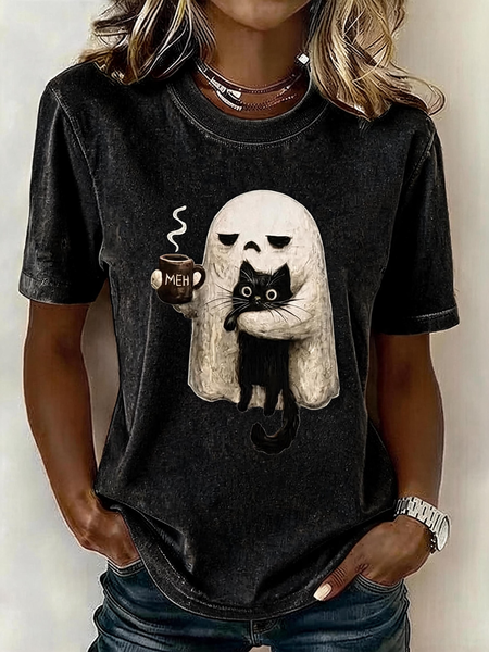 Women Cartoon Short Sleeve Tee T-shirt Crew Neck Casual Summer Top