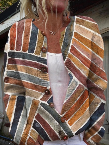 Women Geometric Long Sleeve Crew Neck Vintage Spring/Fall Cardigan Outerwear