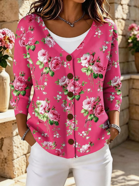 Women Floral Long Sleeve V Neck Vintage Spring/Fall Cardigan Outerwear