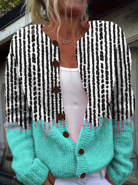 Women Color Block Long Sleeve Crew Neck Vintage Spring/Fall Cardigan Outerwear