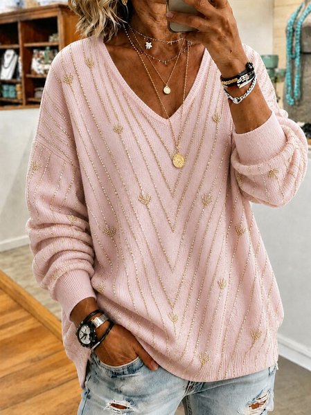 Women Geometric Long Sleeve Tee T-shirt V Neck Casual Spring/Fall Top