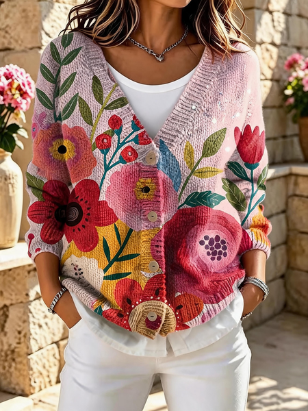 Women Floral Long Sleeve V Neck Vintage Spring/Fall Cardigan Outerwear