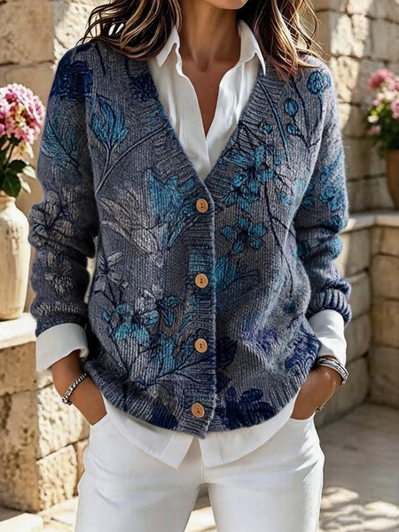 Women Floral Long Sleeve V Neck Vintage Spring/Fall Cardigan Outerwear
