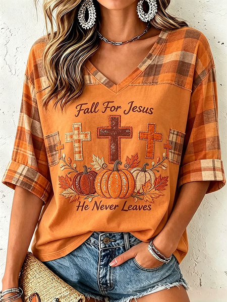 Women Plaid Half Sleeve Tee T-shirt V Neck Casual Summer Top