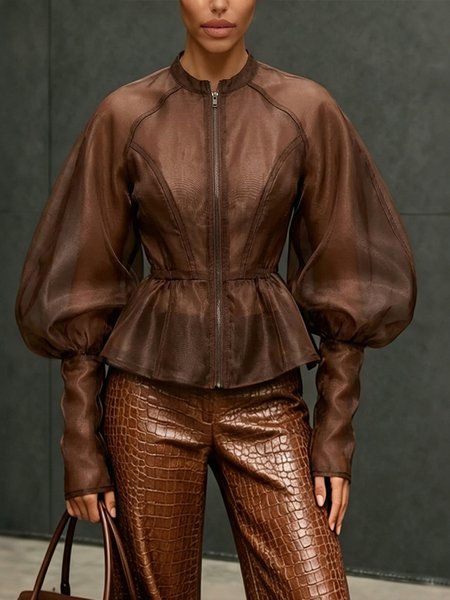 Urban Puff Sleeve Plain Stand Collar Jacket 1 Urban Puff Sleeve Plain Stand Collar Jacket