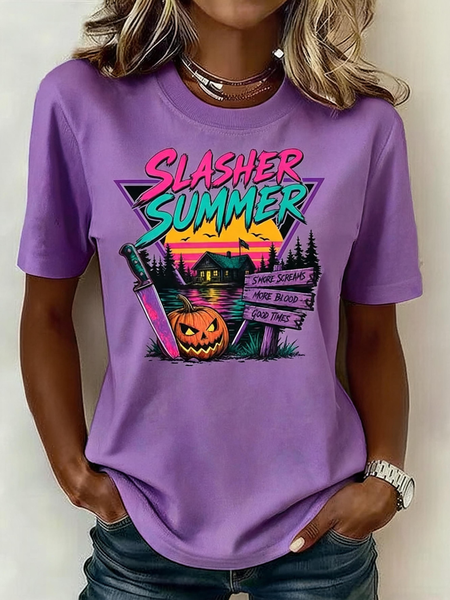 Women Halloween Short Sleeve Tee T-shirt Crew Neck Casual Summer Top