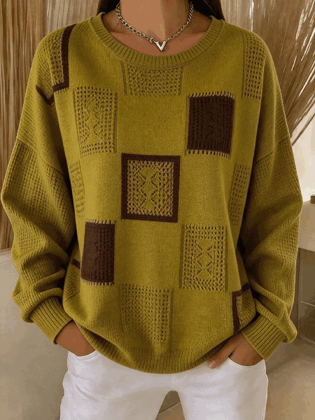 Women Multicolor Block Crew Neck Vintage Spring/Fall Long Sleeve Sweatshirt