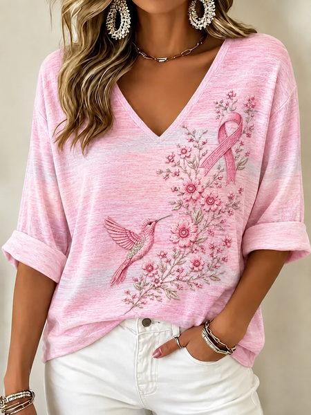 Women Geometric Half Sleeve Tee T-shirt V Neck Casual Summer Top