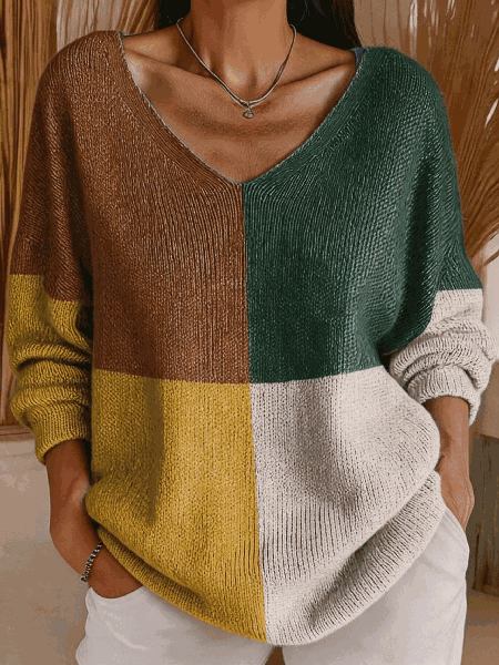 Women Color Block Long Sleeve Tee T-shirt V Neck Vintage Spring/Fall Top