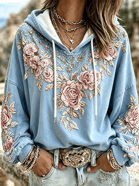 Women Floral Long Sleeve Vintage Daily Spring/Fall Hoodie