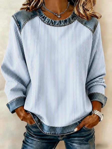 Women Striped Crew Neck Printing Casual Spring/Fall Long Sleeve Sweatshirt