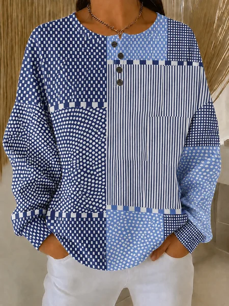 Women Striped Henley Collar Casual Spring/Fall Long Sleeve Sweatshirt