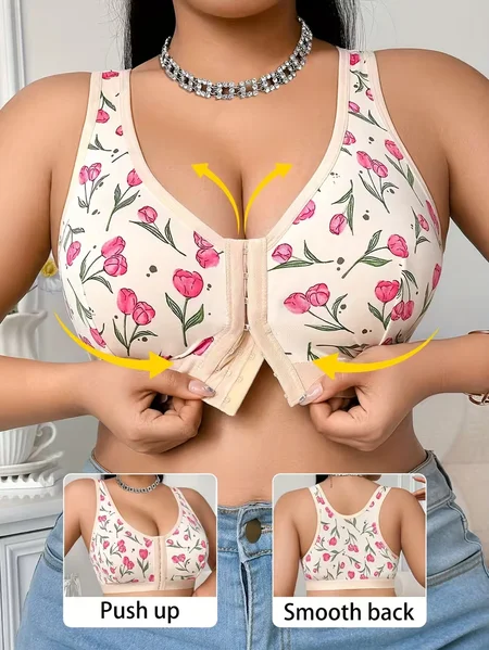 Women's Wire-Free Floral Print Front Closure Push-Up Support Adjustable Straps Seamless Everyday Bra