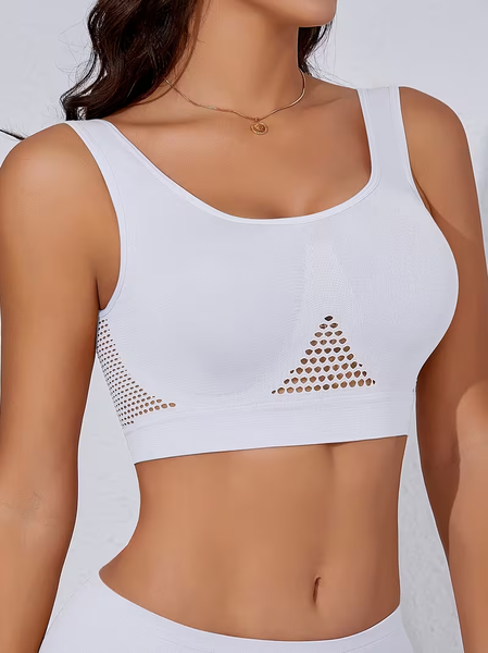 Women's sports bra with openwork mesh, breathable holes, and no underwire.