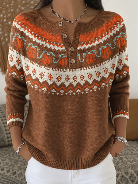 Women Abstract Graphic Vintage Long Sleeve Half Open Collar Imitation Cashmere Spring/Fall Sweater