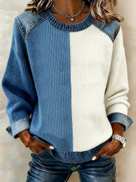 Women Contrast Stitching Crew Neck Printing Casual Spring/Fall Long Sleeve Sweatshirt