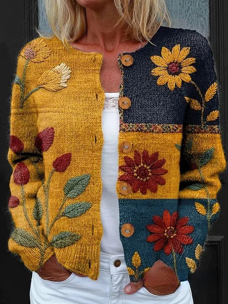 Women Floral Long Sleeve Crew Neck Vintage Spring/Fall Cardigan Outerwear
