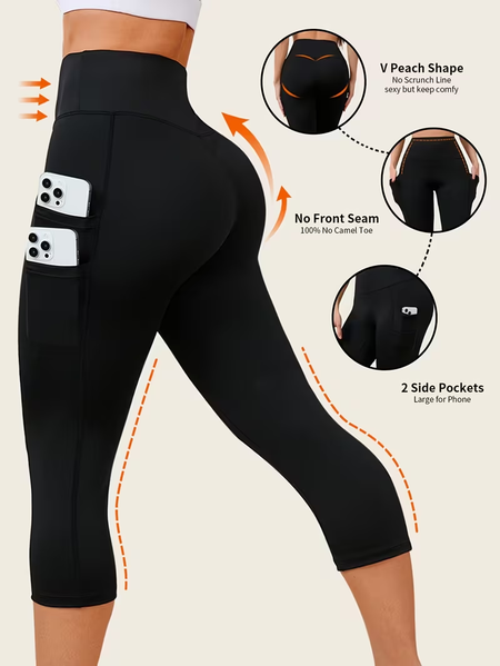 Women's hip-lifting and waist-slimming yoga double-pocket running cycling outdoor sports shorts stretch capri pants
