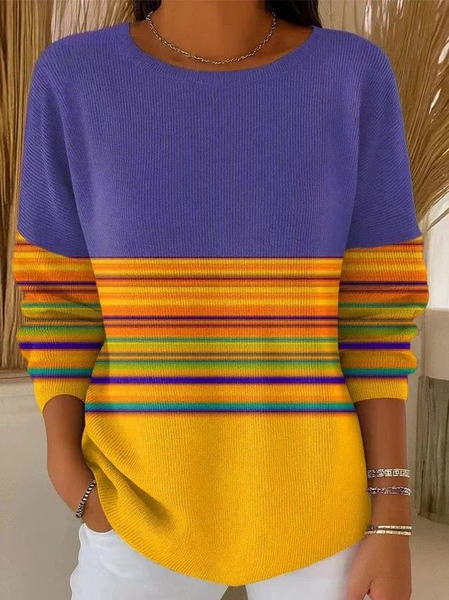 Women Striped Long Sleeve Tee T-shirt Crew Neck Vintage Spring/Fall Top