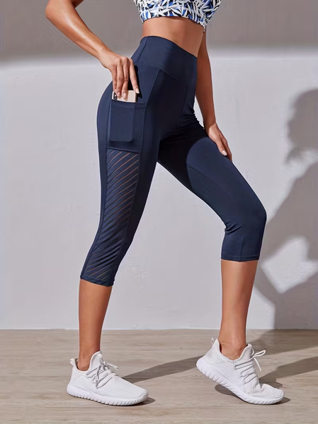 Women's Capri Pants with Abdominal Control and Hip Lifting, High-Waisted Mesh Capri Leggings