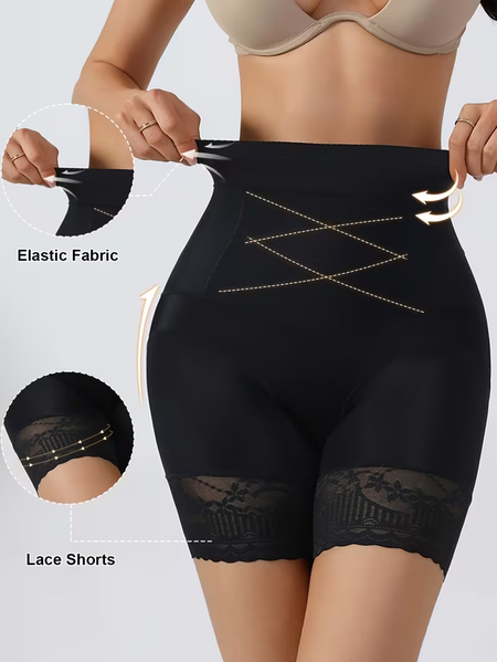 Women's high-waisted lace high-lifting and tummy-controlling safety pants, breathable and slimming waist shaping bodysuit