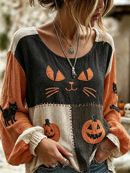 Women Cat Crew Neck Long Sleeve Blouse Printing Casual Holiday Spring/Fall Top