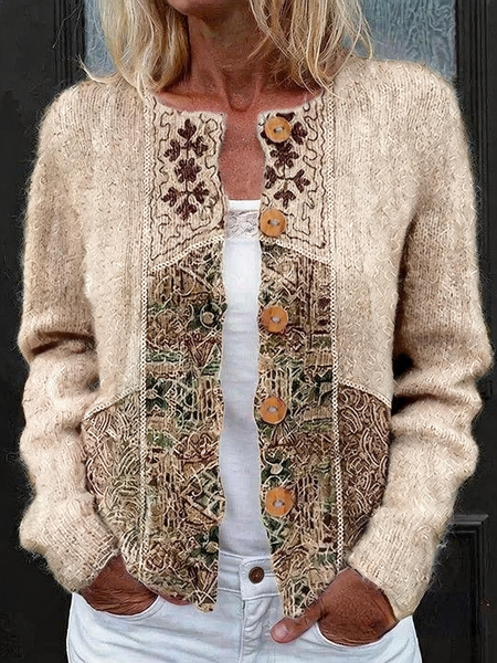 Women 3D Printing Long Sleeve Crew Neck Vintage Spring/Fall Cardigan Outerwear