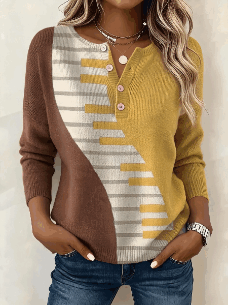 Women Geometric Long Sleeve Tee T-shirt Henley Collar Vintage Spring/Fall Top