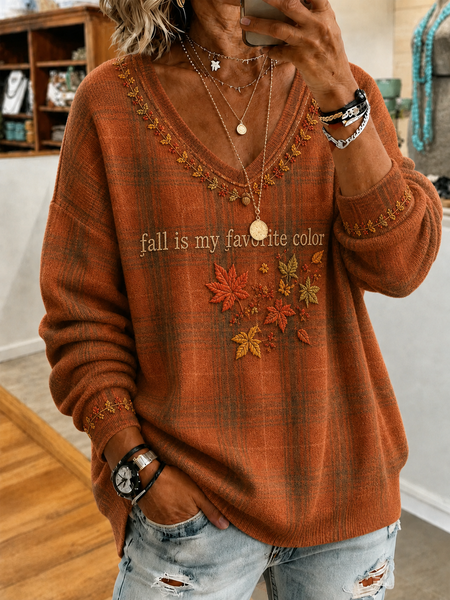 Women Maple Leaf Long Sleeve Tee T-shirt V Neck Casual Spring/Fall Top