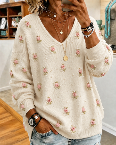 Women Floral Long Sleeve Tee T-shirt V Neck Casual Spring/Fall Top