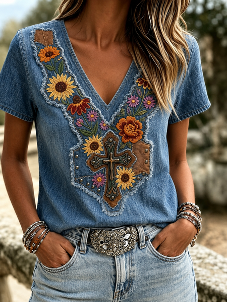 Women Floral Short Sleeve Tee T-shirt V Neck Casual Summer Top
