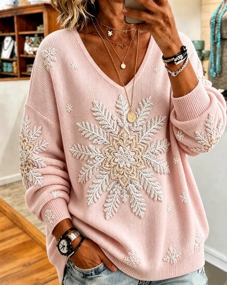 Women Snowflake Long Sleeve Tee T-shirt V Neck Casual Spring/Fall Top