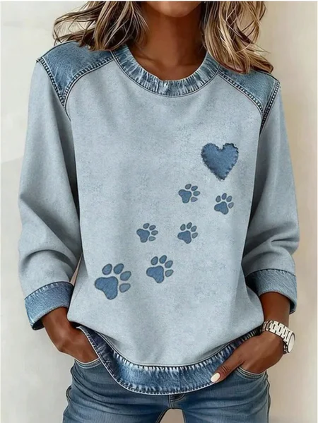 Women Dog Crew Neck Printing Casual Spring/Fall Long Sleeve Sweatshirt