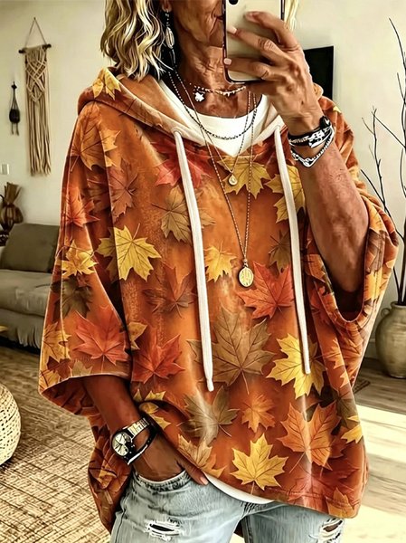 Women Maple Leaf Half Sleeve Casual Daily Spring/Fall Hoodie