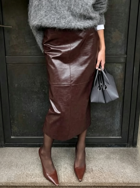 Urban Plain Midi Faux Leather Skirt 1 Urban Plain Midi Faux Leather Skirt
