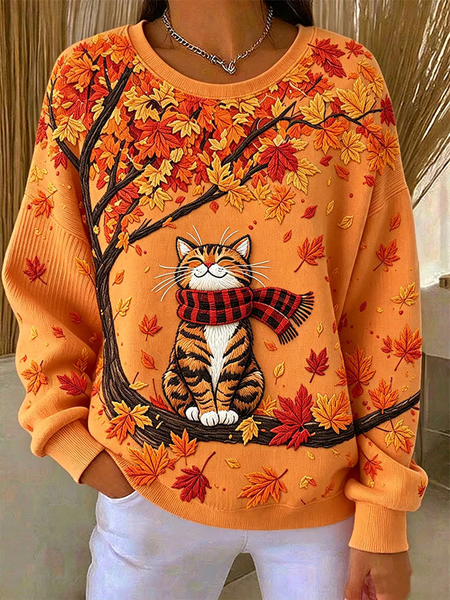 Women Cat Crew Neck Printing Casual Spring/Fall Long Sleeve Sweatshirt